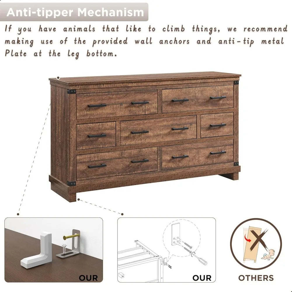 COLLINS Farmhouse 7-Drawer Wood Dresser - 54" Wide Storage Chest for Bedroom & TV Stand