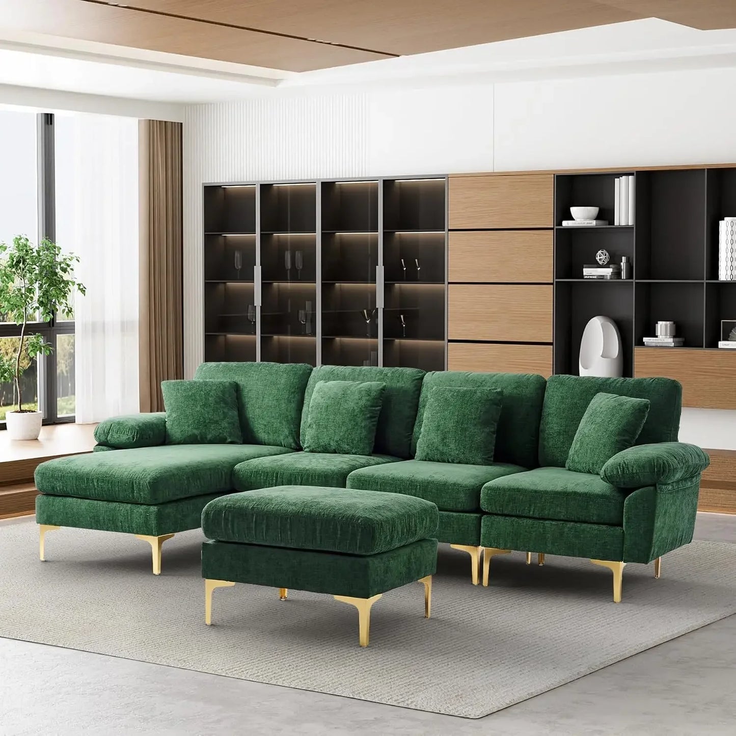 RYKER Modern Velvet U-Shaped Sectional Sofa with Chaise & Ottoman – Sectional Couch – 114.17" W