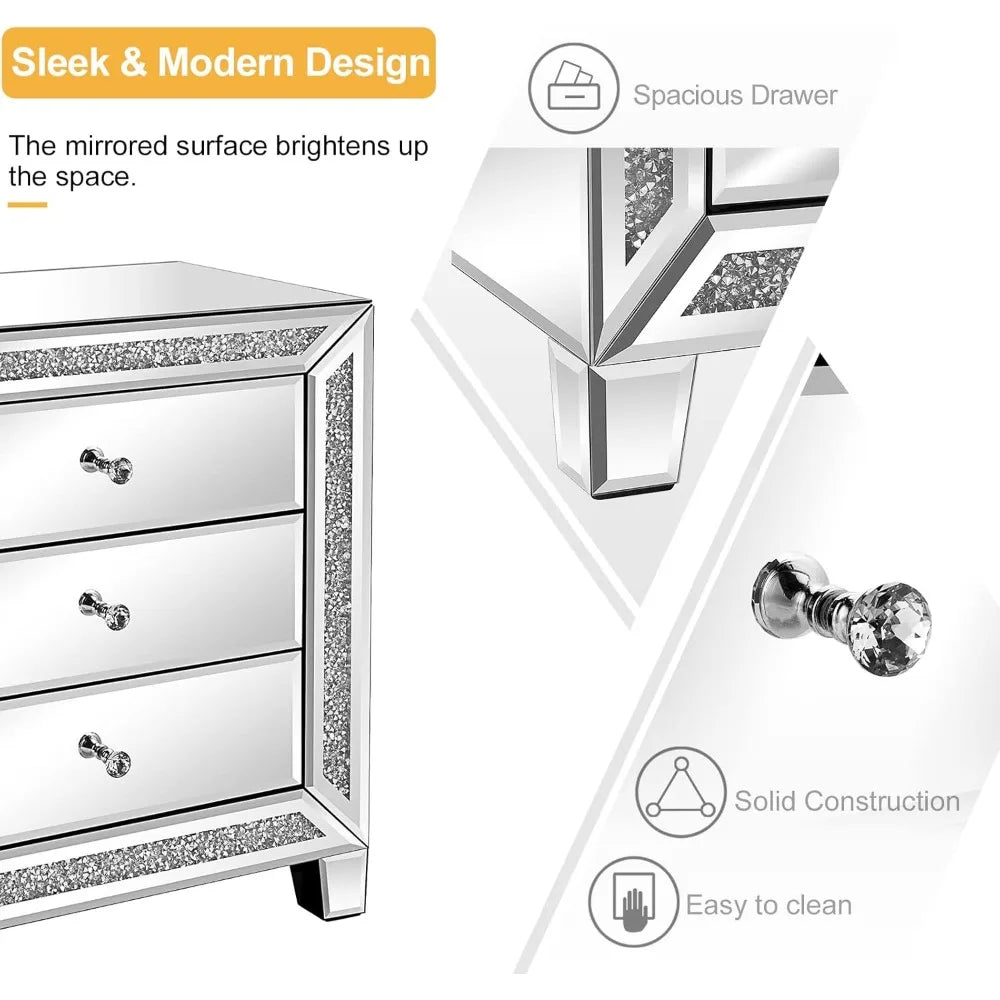 AMORA Glam Mirrored Nightstand – Modern Crystal-Trimmed End Table with 3 Drawers, 23" Wide