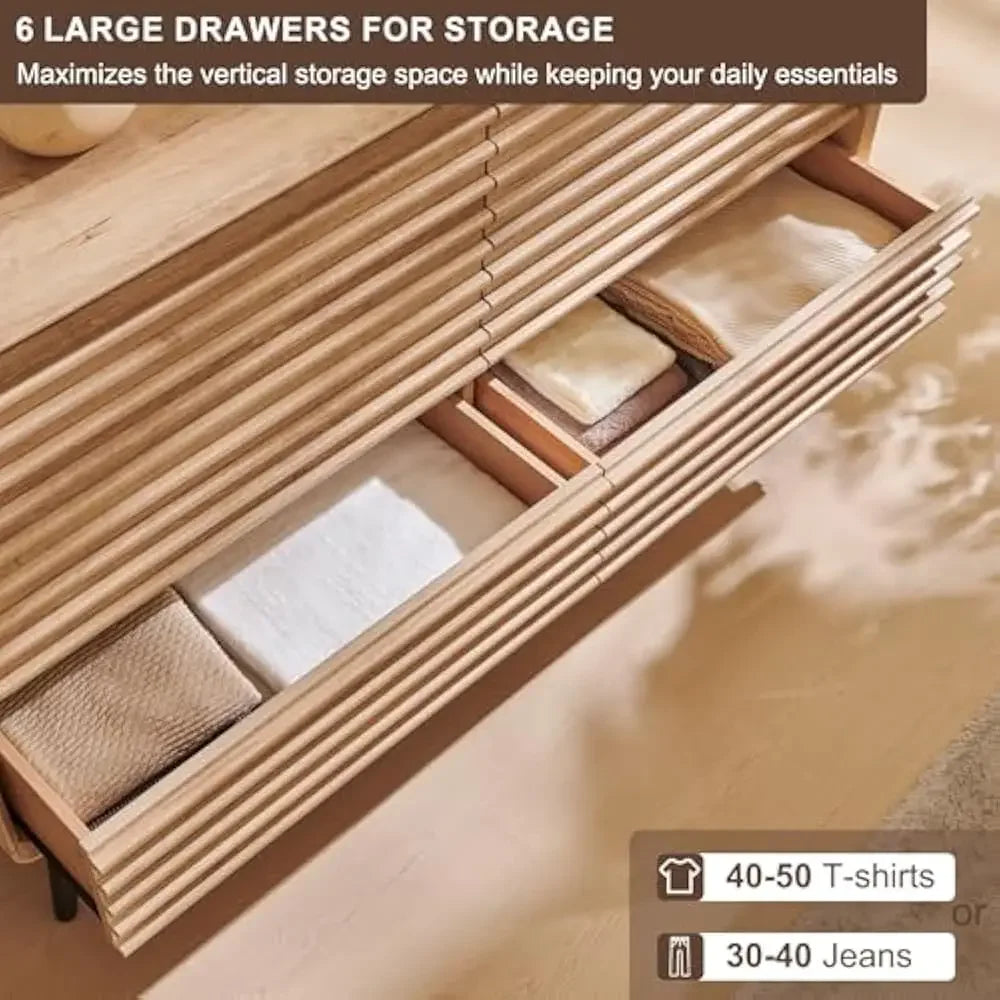 MILANI Mid-Century Modern 6-Drawer Fluted Wood Dresser – Wide Storage Chest | 54'' W
