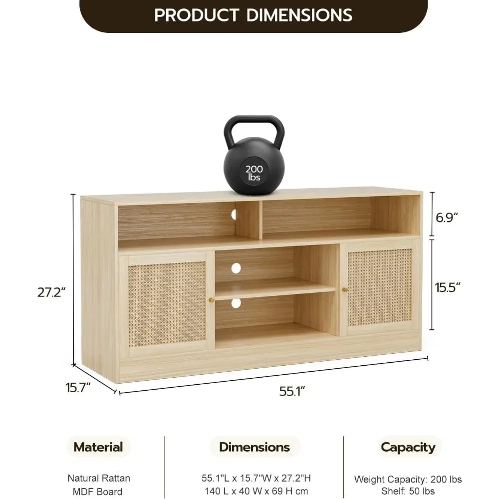 ADRIAN LED Rattan TV Stand Entertainment Center with Storage – 55" W