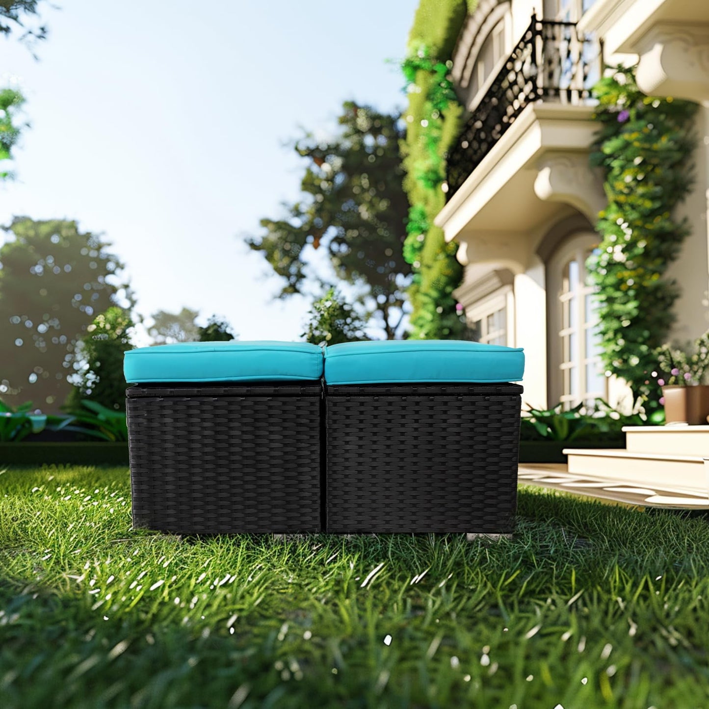 2 Wicker Ottomans, Multipurpose Outdoor Furniture for Patio, Backyard, Additional Seating, Footrest, Side Table with Storage, Removable Cushions