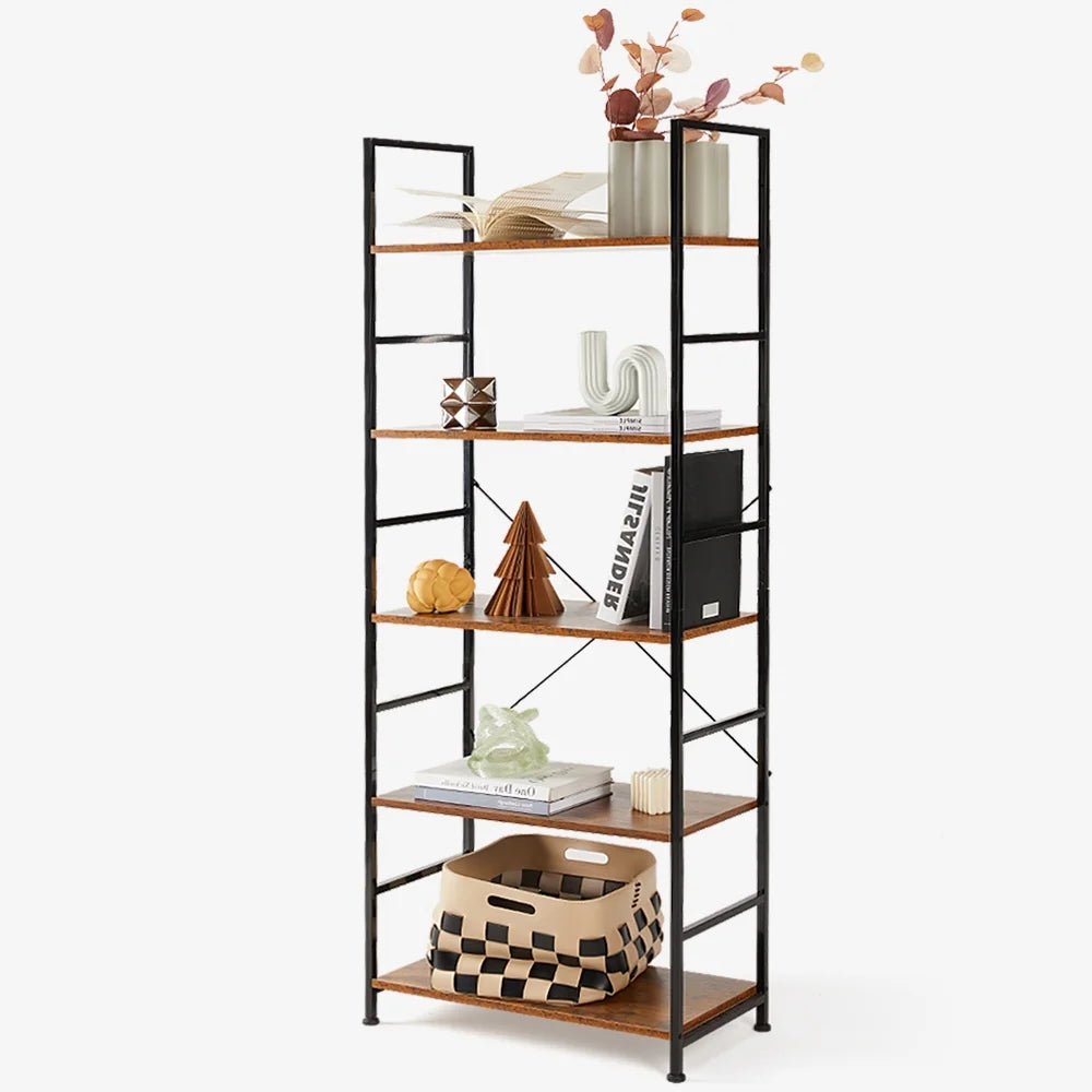 Bookcase, 5 Tier Book Shelf, Storage Shelf, Classic Modern Bookcase for Cds, Movies, Books, Industrial Bookcase for Home Office, Living Room, Kitchen, Bedroom, Rust Brown