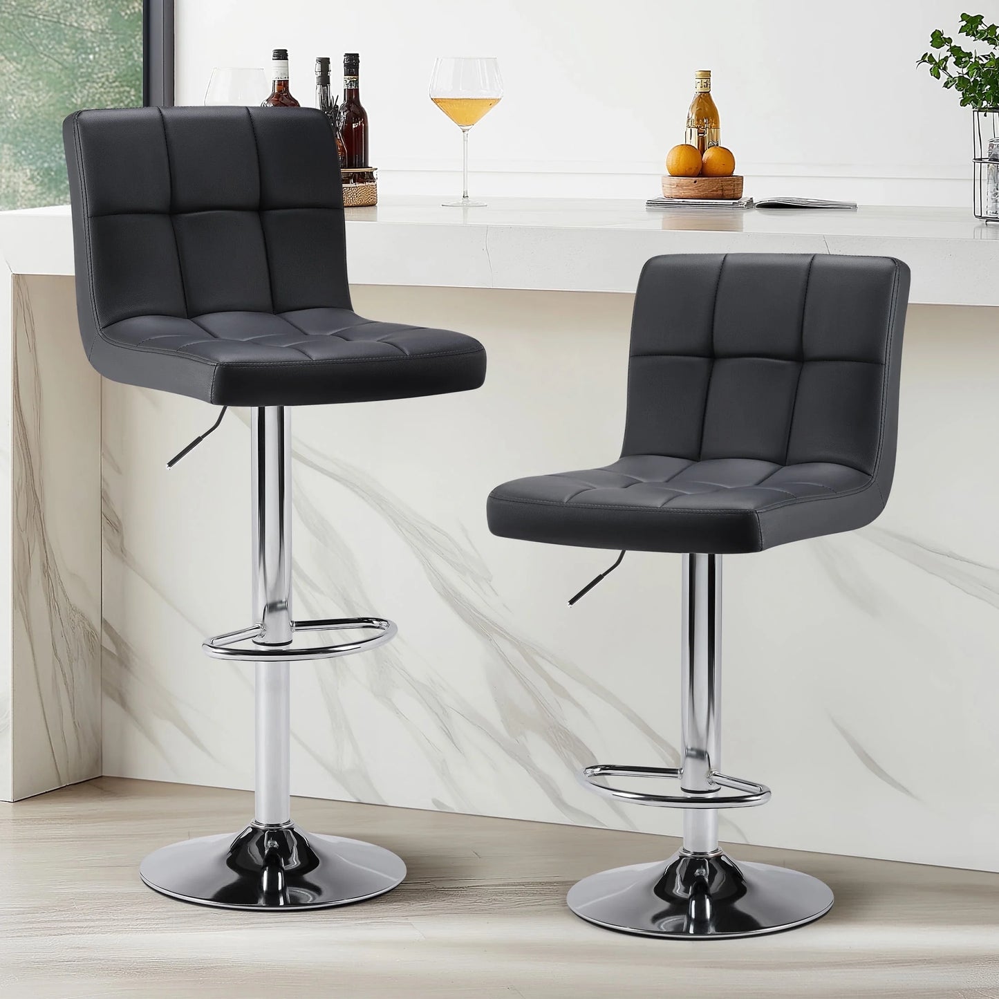 Bar Stools Set of 2, Modern Adjustable Armless Swivel Counter Stools with PU Leather, Black