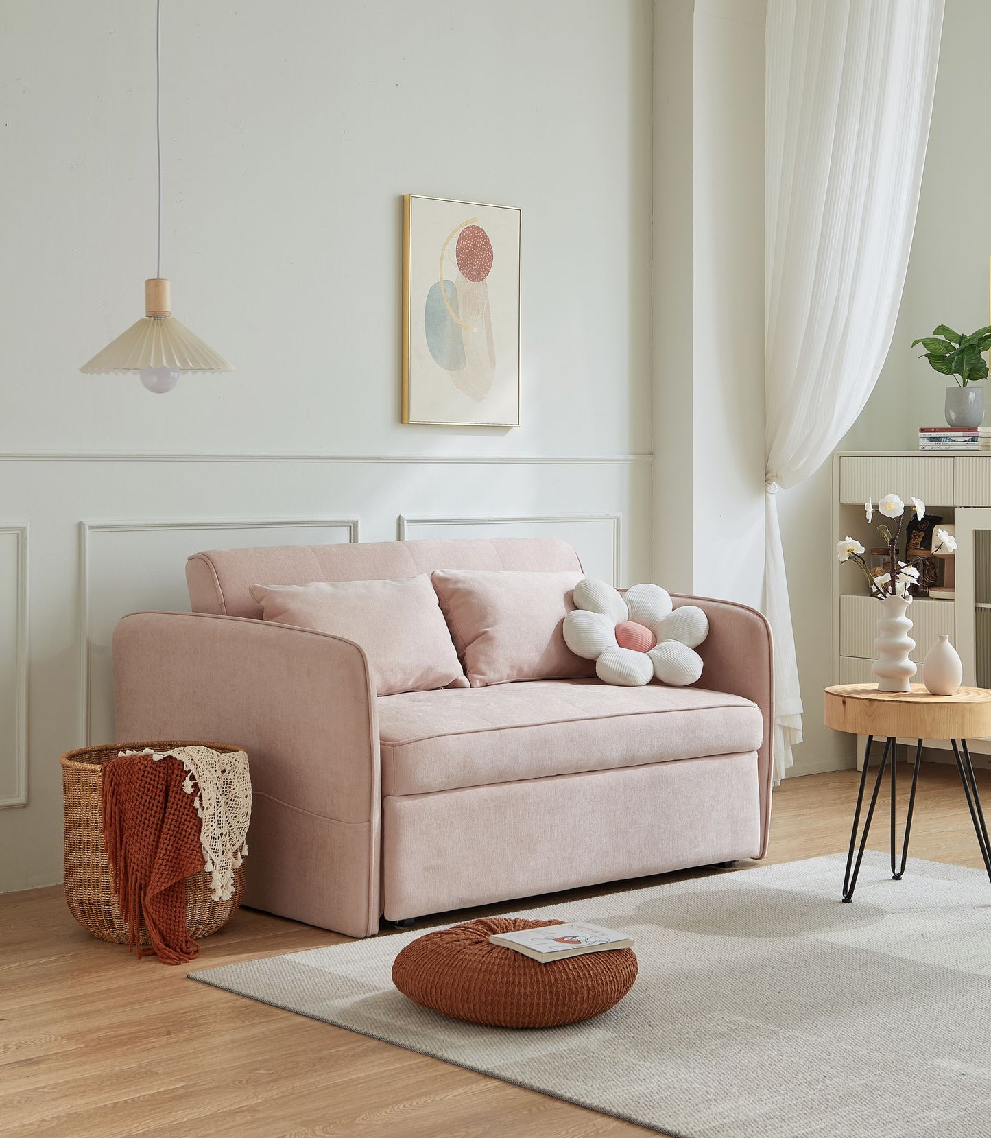 Chenille Fabric Pull-Out Sleeper Loveseat Sofa in Yellow