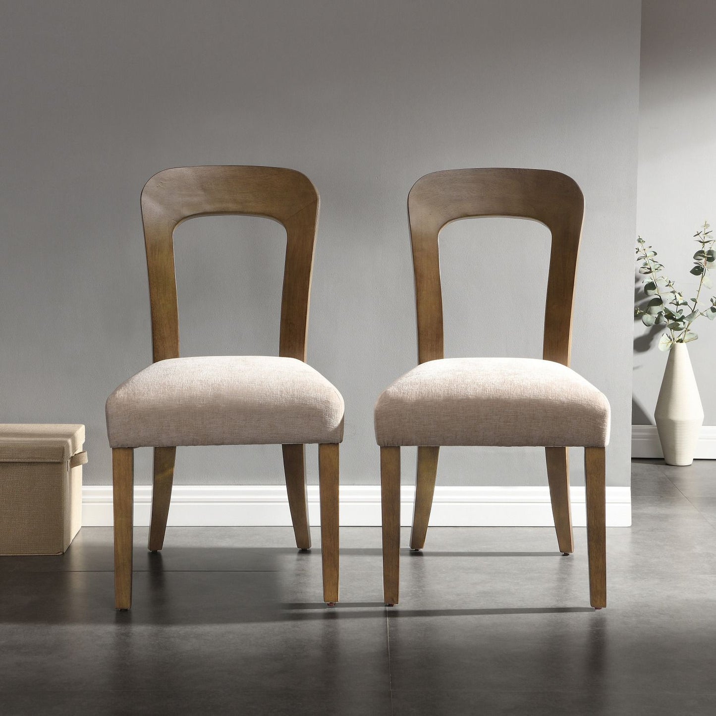 Beige upholstered dining chair set of 2 with rubberwood frame