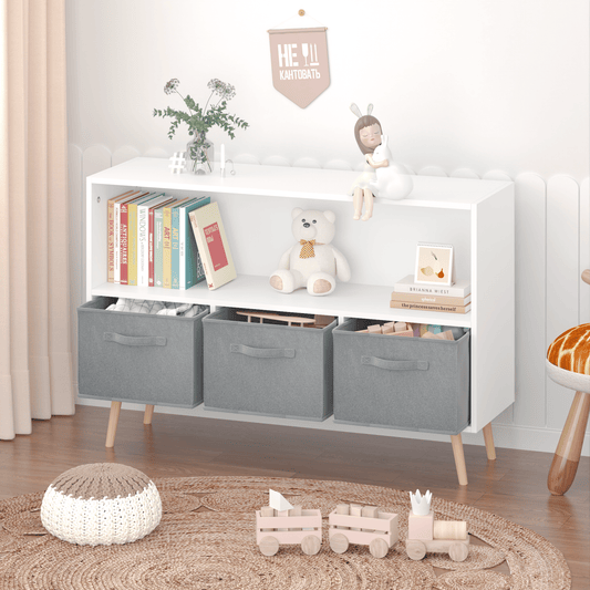 White and gray kids bookcase with collapsible fabric drawers