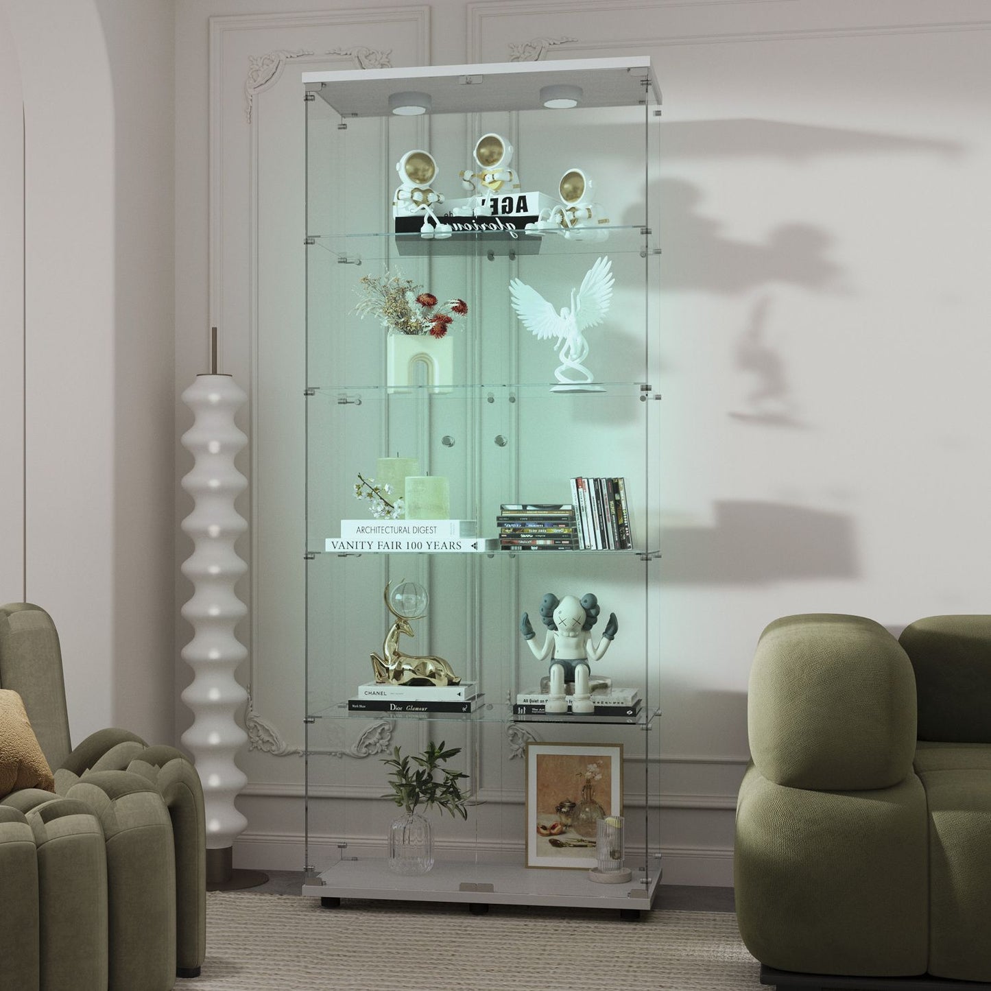 White tempered glass display cabinet with LED lights