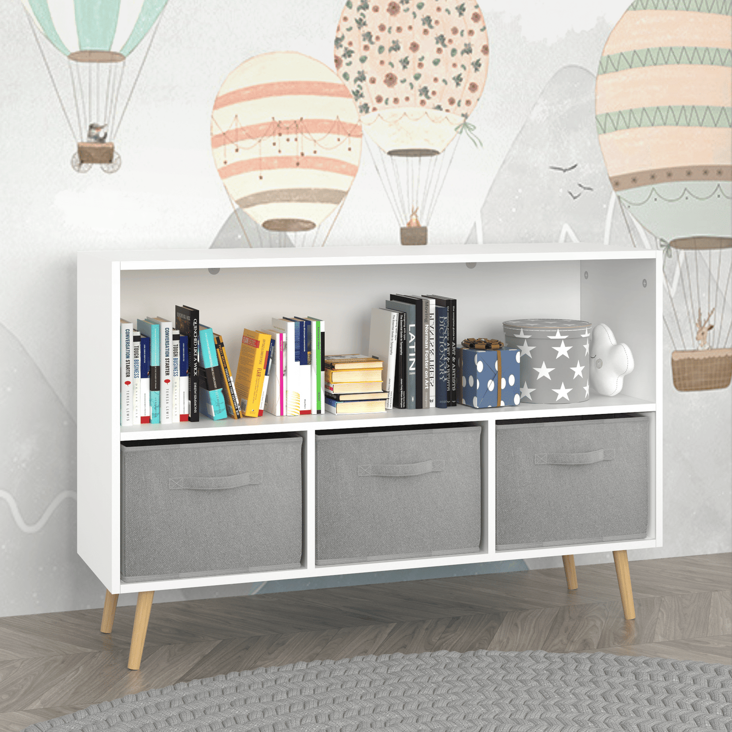 White and gray kids bookcase with collapsible fabric drawers