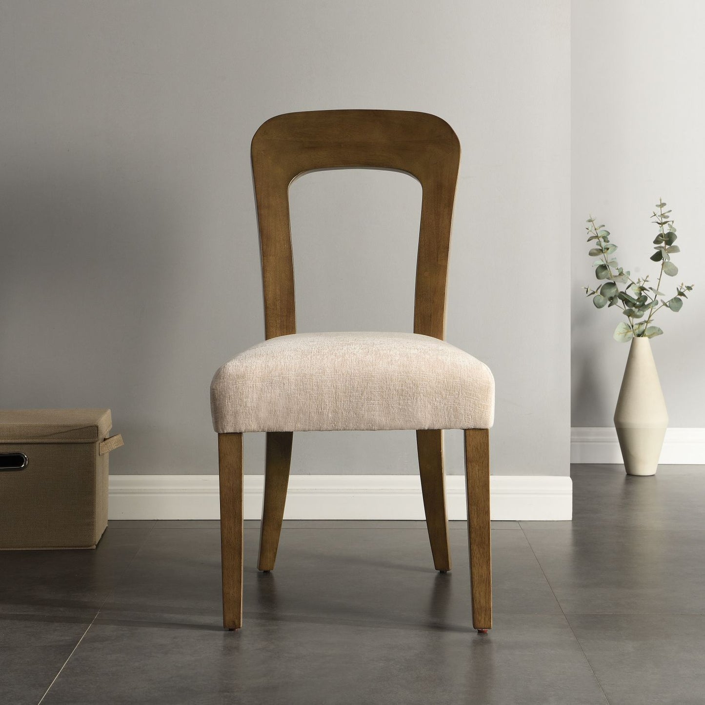 Beige upholstered dining chair set of 2 with rubberwood frame