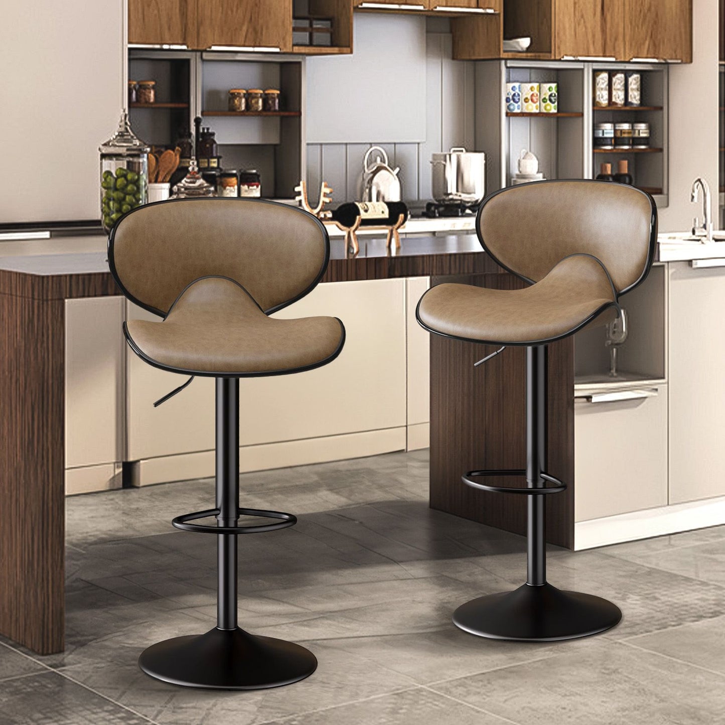 Contemporary black PU leather adjustable swivel bar stool with curved back