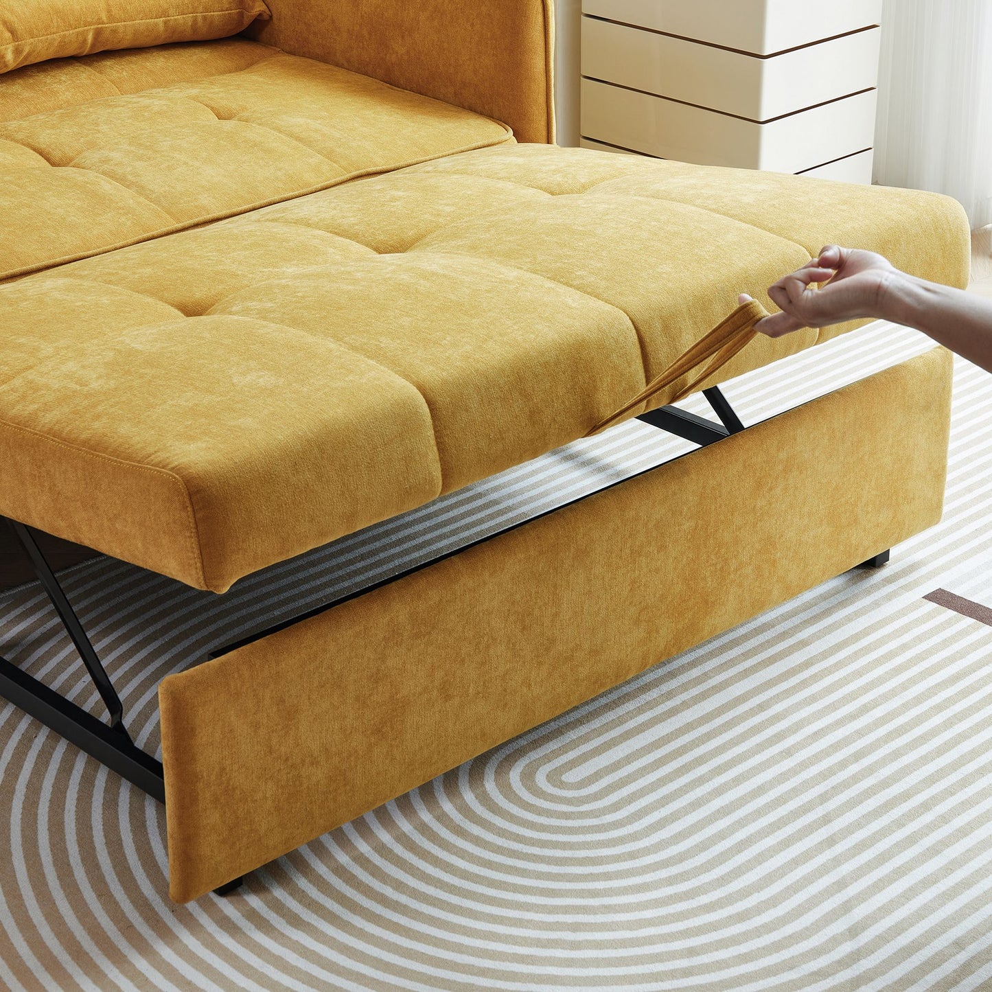 Chenille Fabric Pull-Out Sleeper Loveseat Sofa in Yellow
