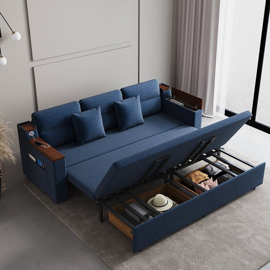 83" blue linen sleeper sofa bed with USB port and storage drawers