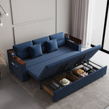 83" blue linen sleeper sofa bed with USB port and storage drawers