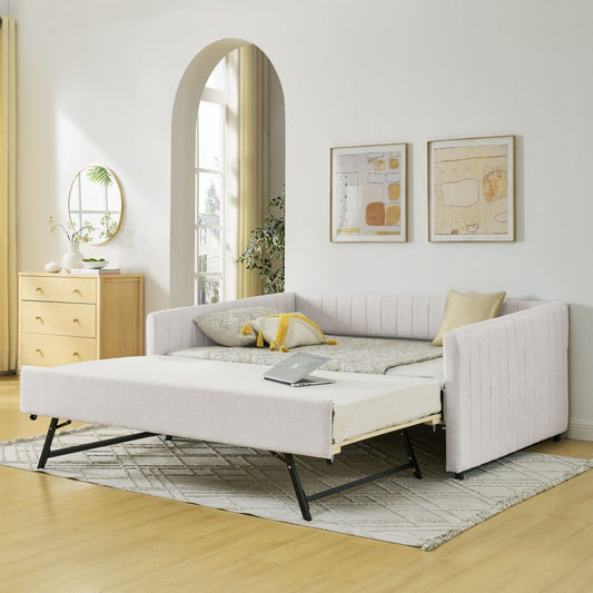 Beige full-size upholstered daybed with pull-out trundle