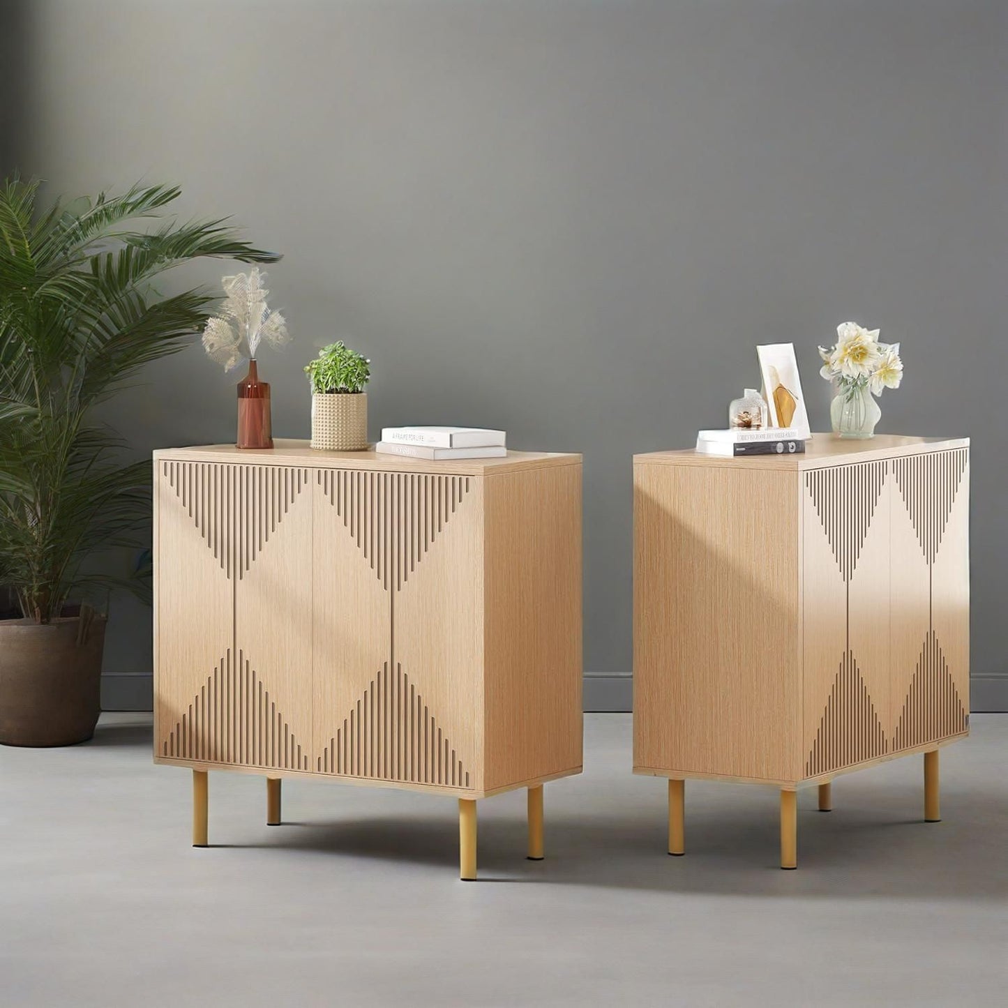 Natural wood freestanding storage sideboard with 4 doors