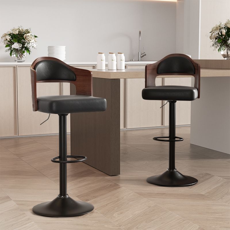 Modern walnut and black swivel bar stool set of 2 with cushioned PU leather seat