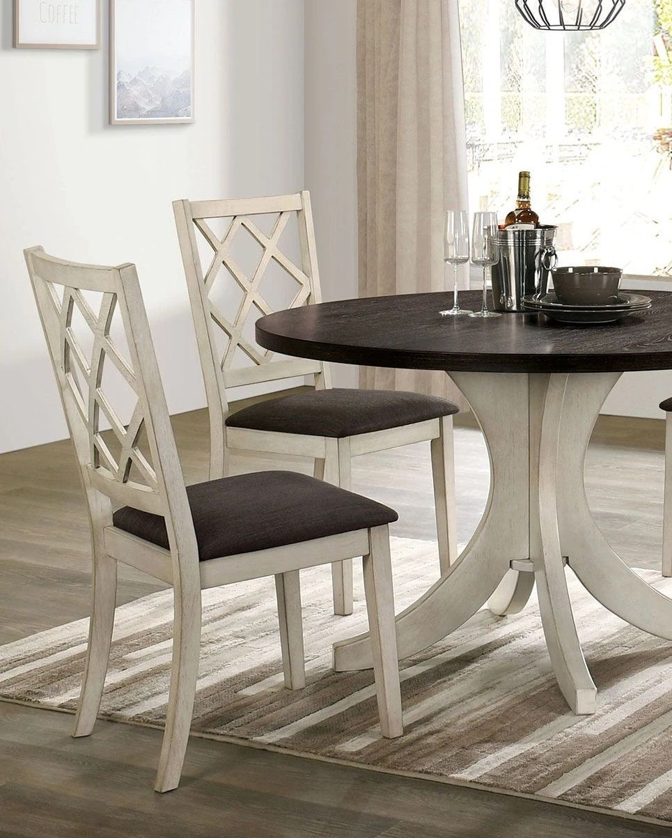 Antique white dining chairs with gray cushioned seat