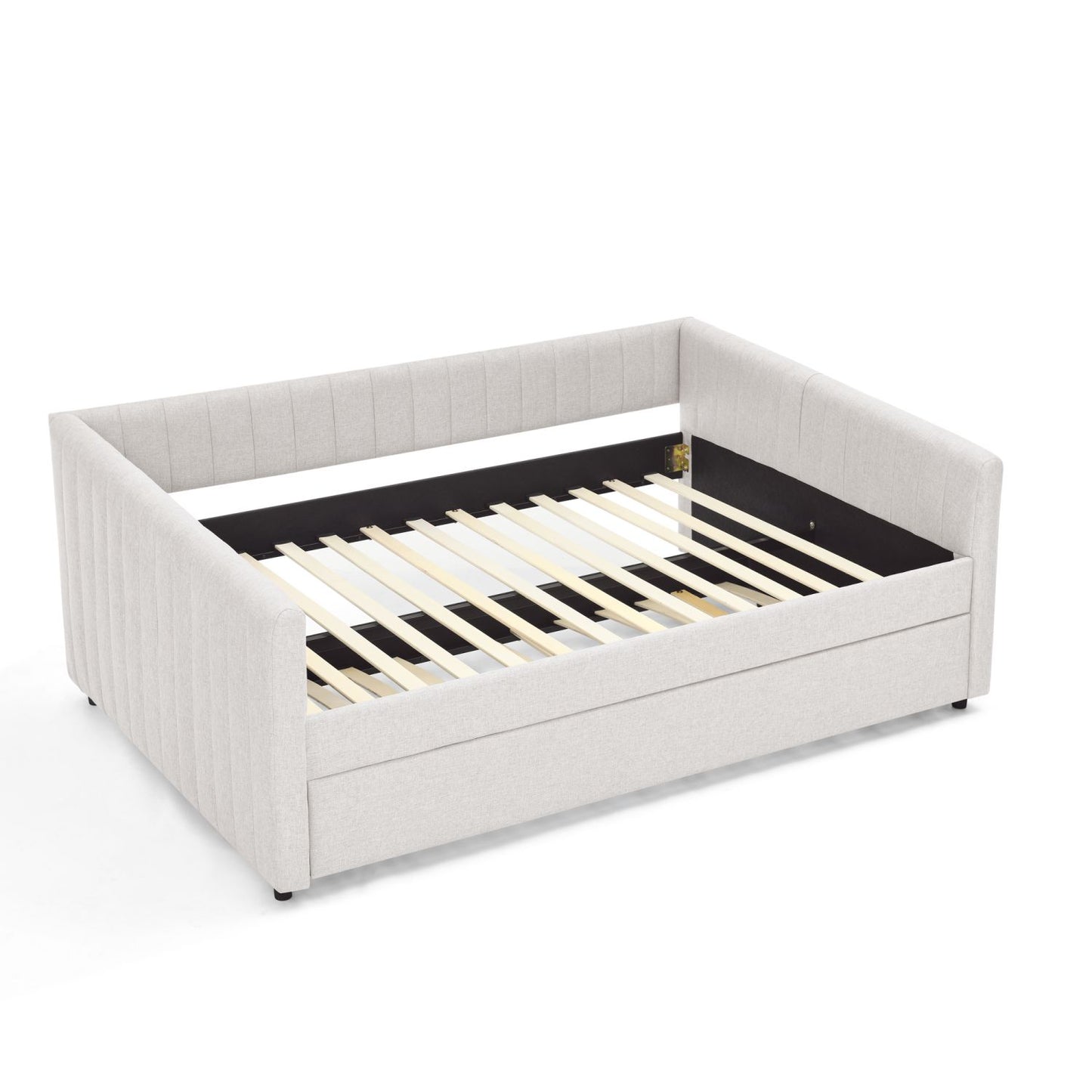 Beige full-size upholstered daybed with pull-out trundle