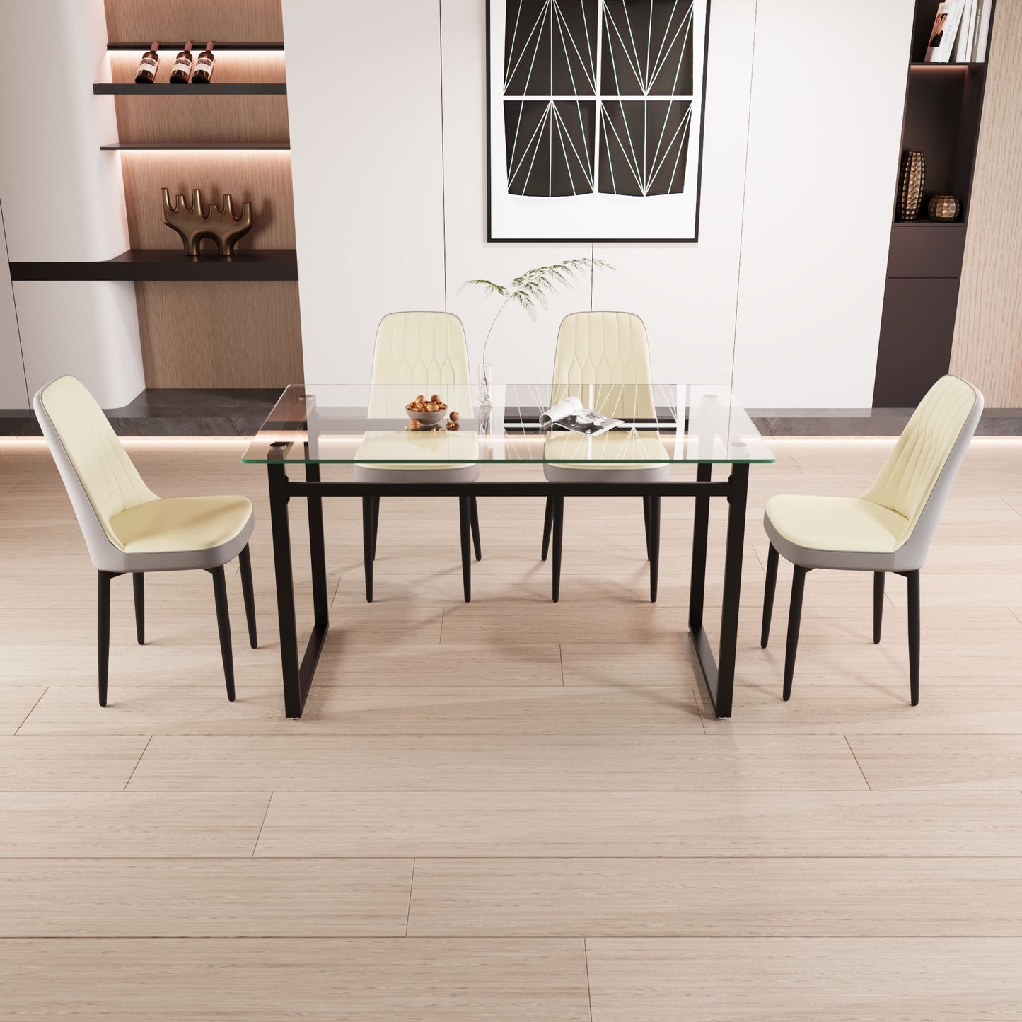 4-person rectangular glass dining table set with black metal legs