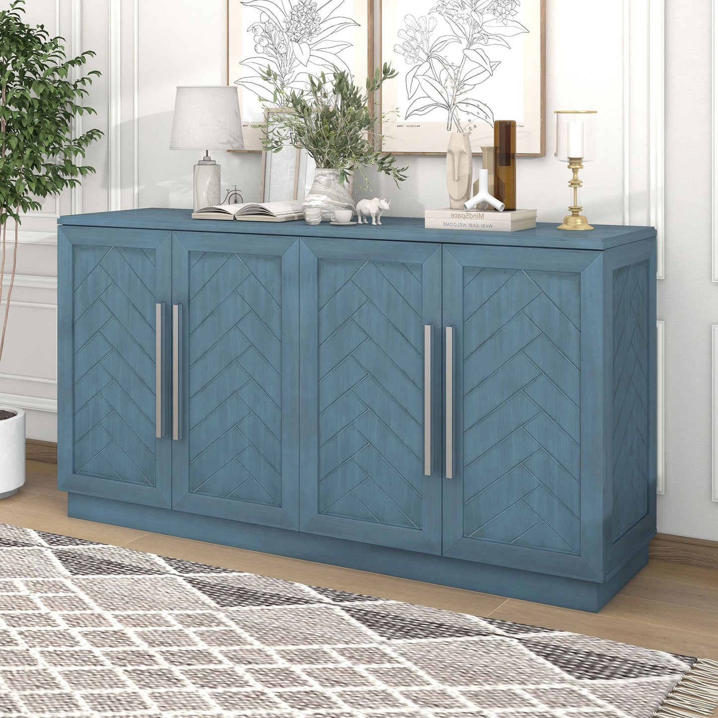 Modern 4-door buffet sideboard with silver handles