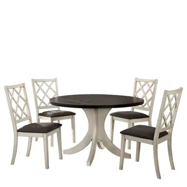 Antique white dining chairs with gray cushioned seat