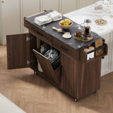 Kitchen island with tilt-out trash can cabinet and drop leaf countertop