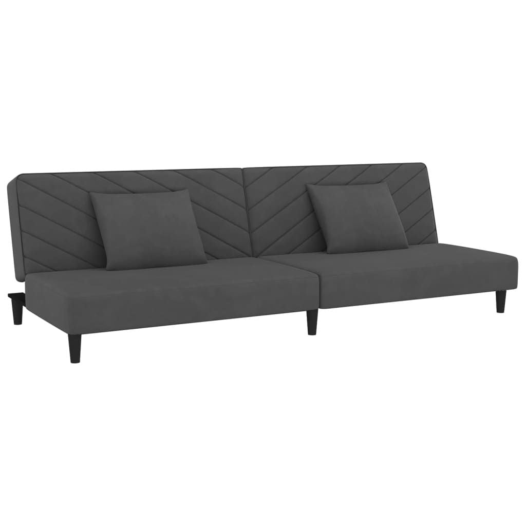 Dark gray velvet 2-seater sofa bed with pillows