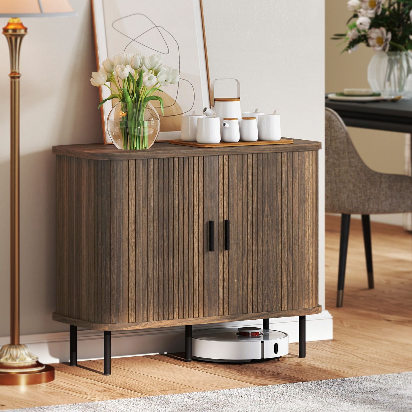 Nordic walnut sideboard buffet cabinet with tambour doors