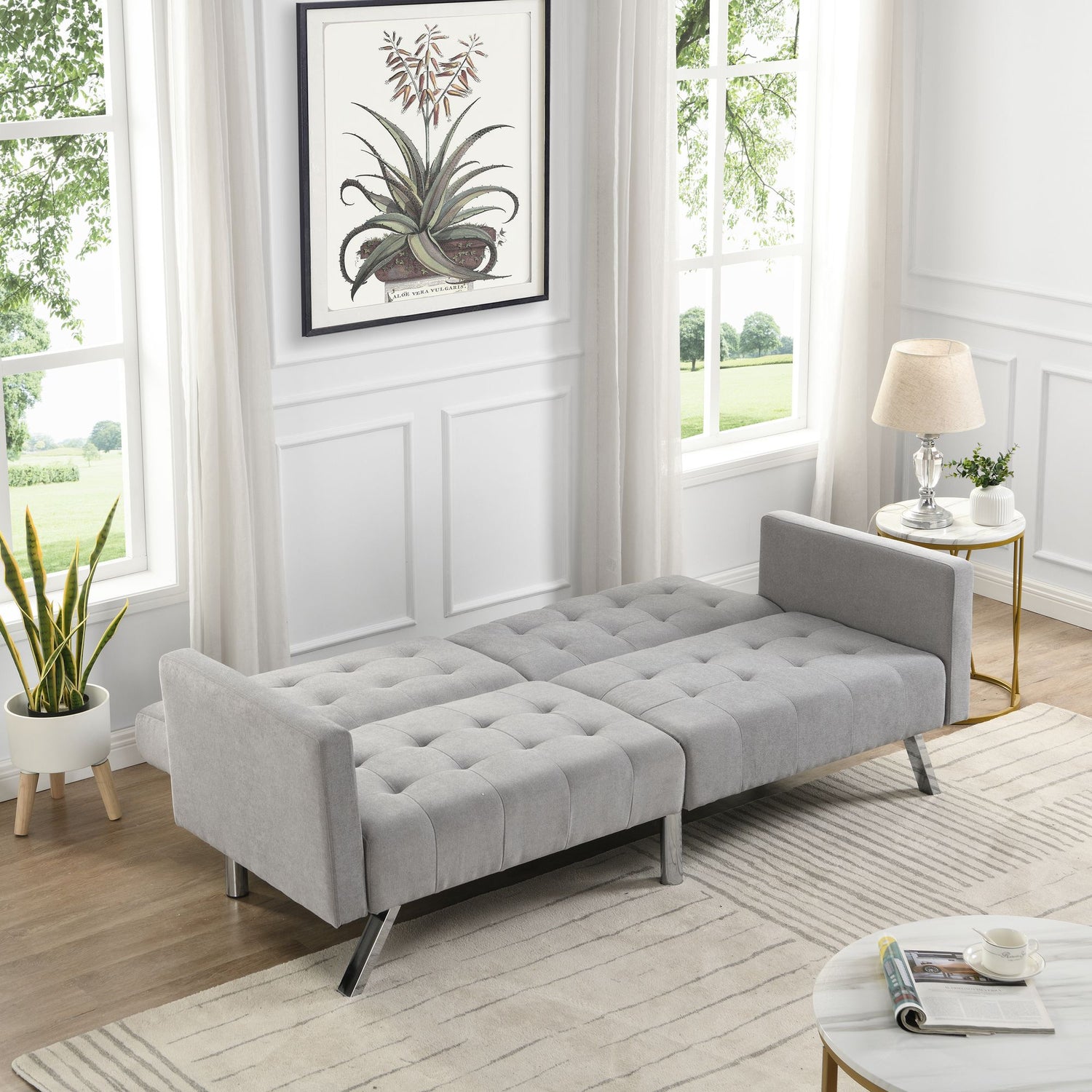 Light grey modern convertible sofa bed with split back design