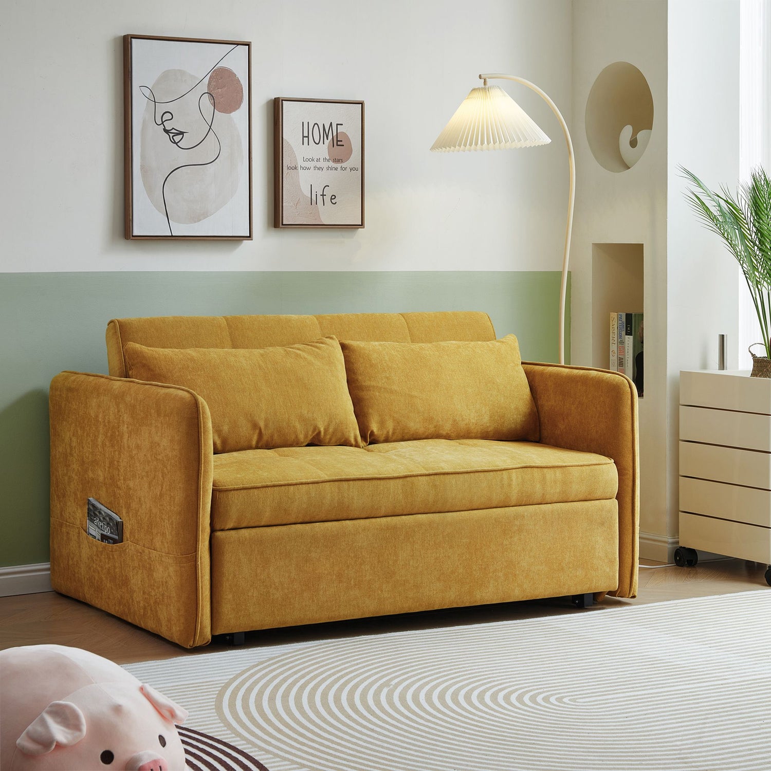 Chenille Fabric Pull-Out Sleeper Loveseat Sofa in Yellow