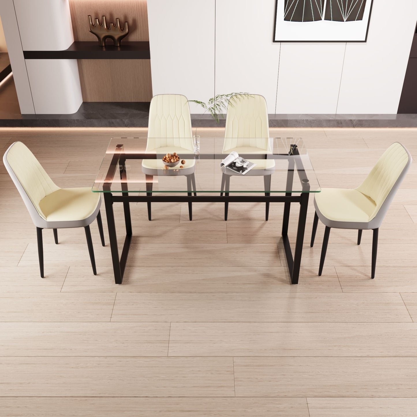 4-person rectangular glass dining table set with black metal legs