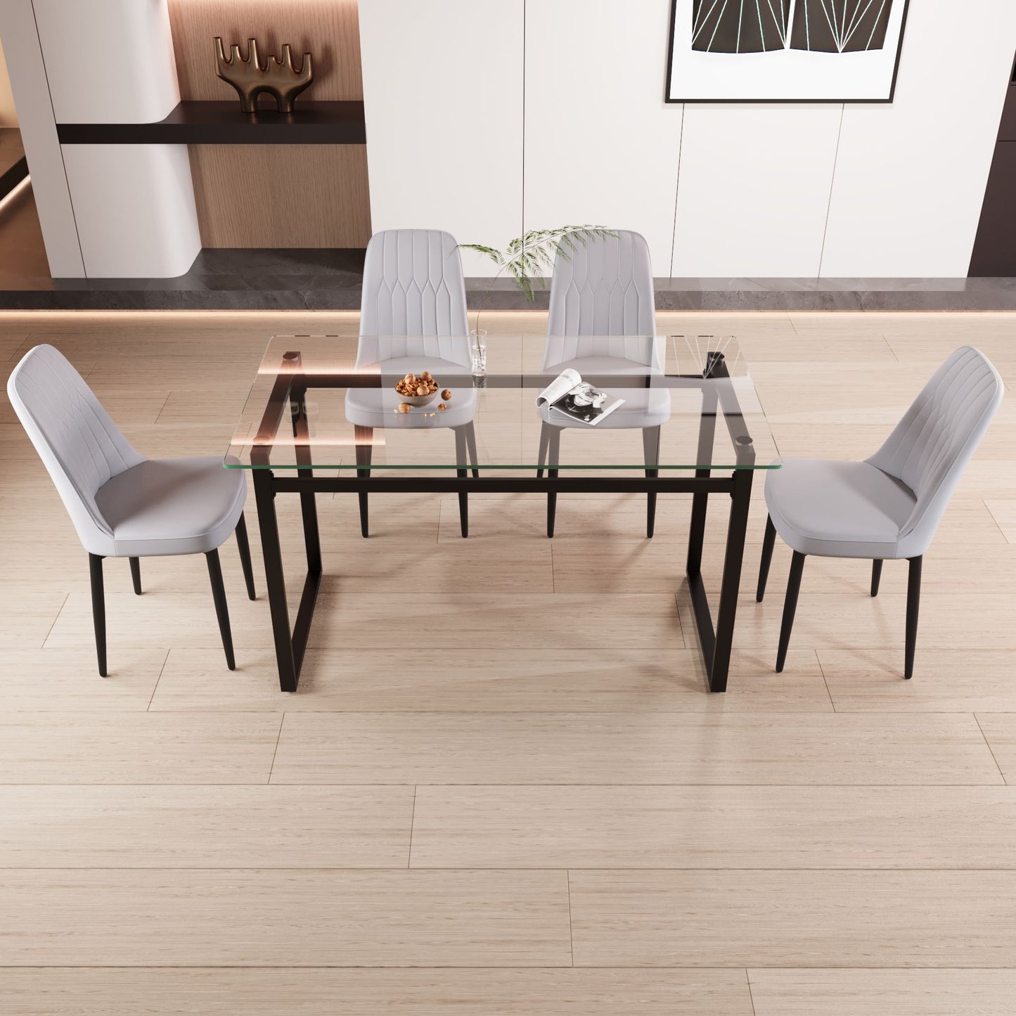 4-person rectangular glass dining table set with black metal legs