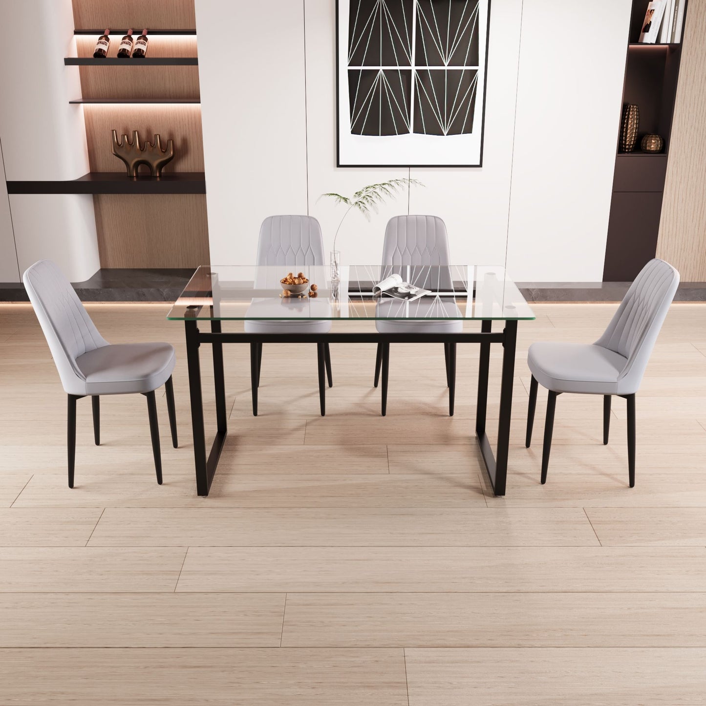 4-person rectangular glass dining table set with black metal legs