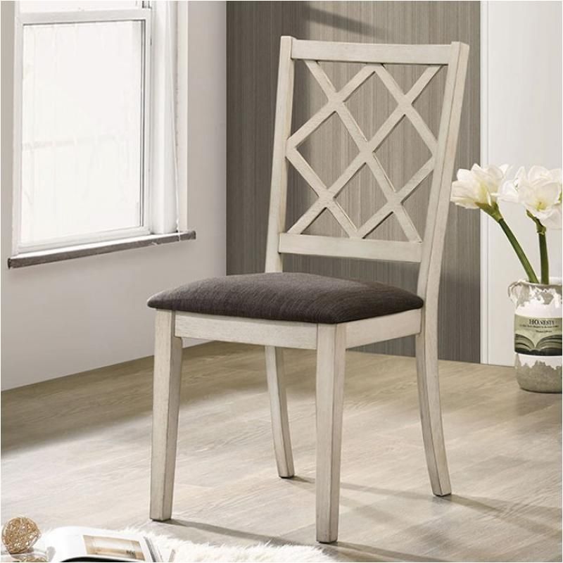 Antique white dining chairs with gray cushioned seat