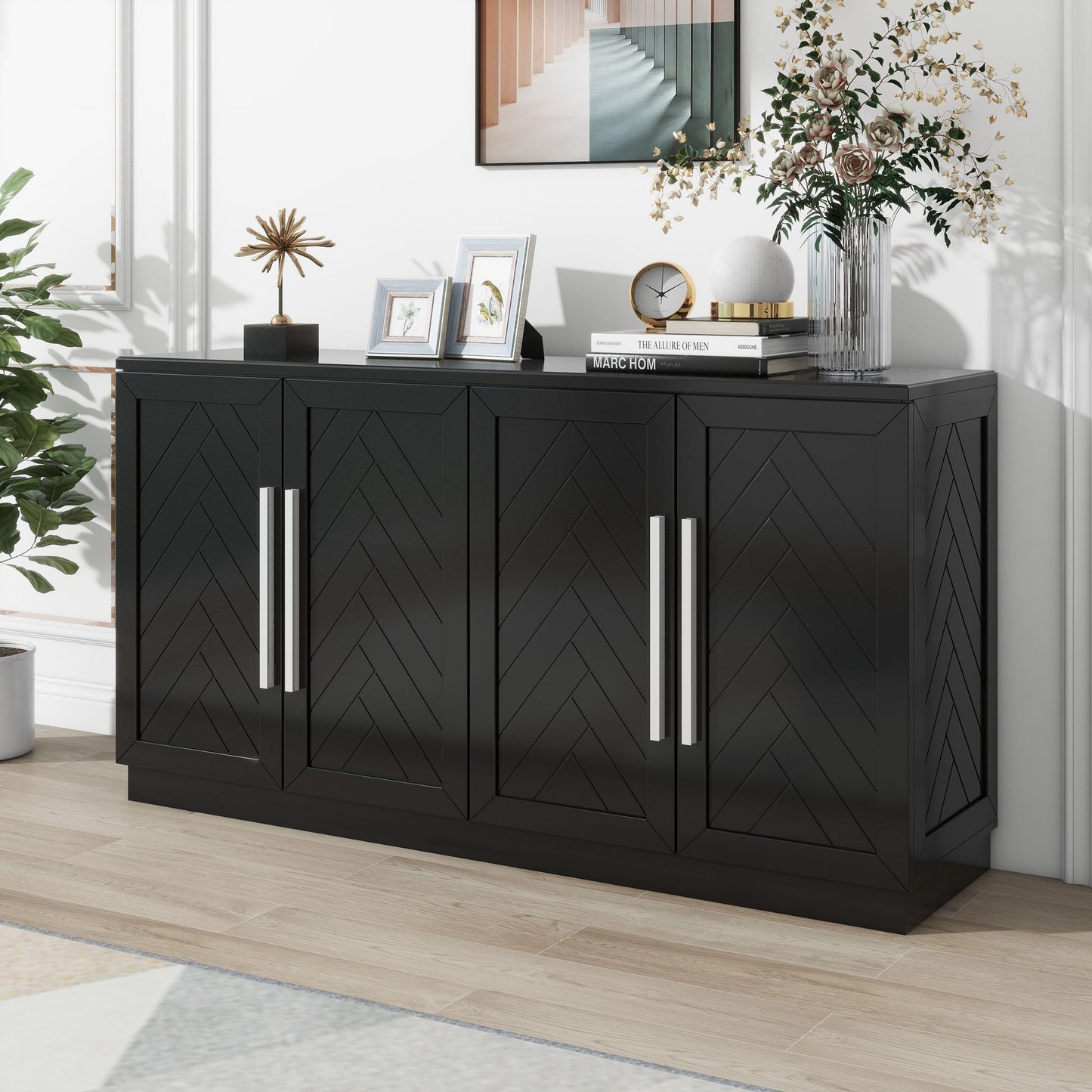Modern 4-door buffet sideboard with silver handles