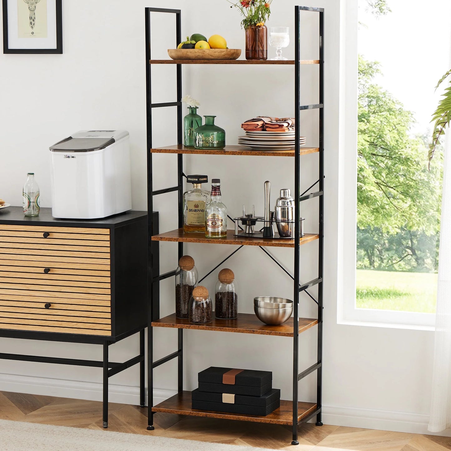 Bookcase, 5 Tier Book Shelf, Storage Shelf, Classic Modern Bookcase for Cds, Movies, Books, Industrial Bookcase for Home Office, Living Room, Kitchen, Bedroom, Rust Brown