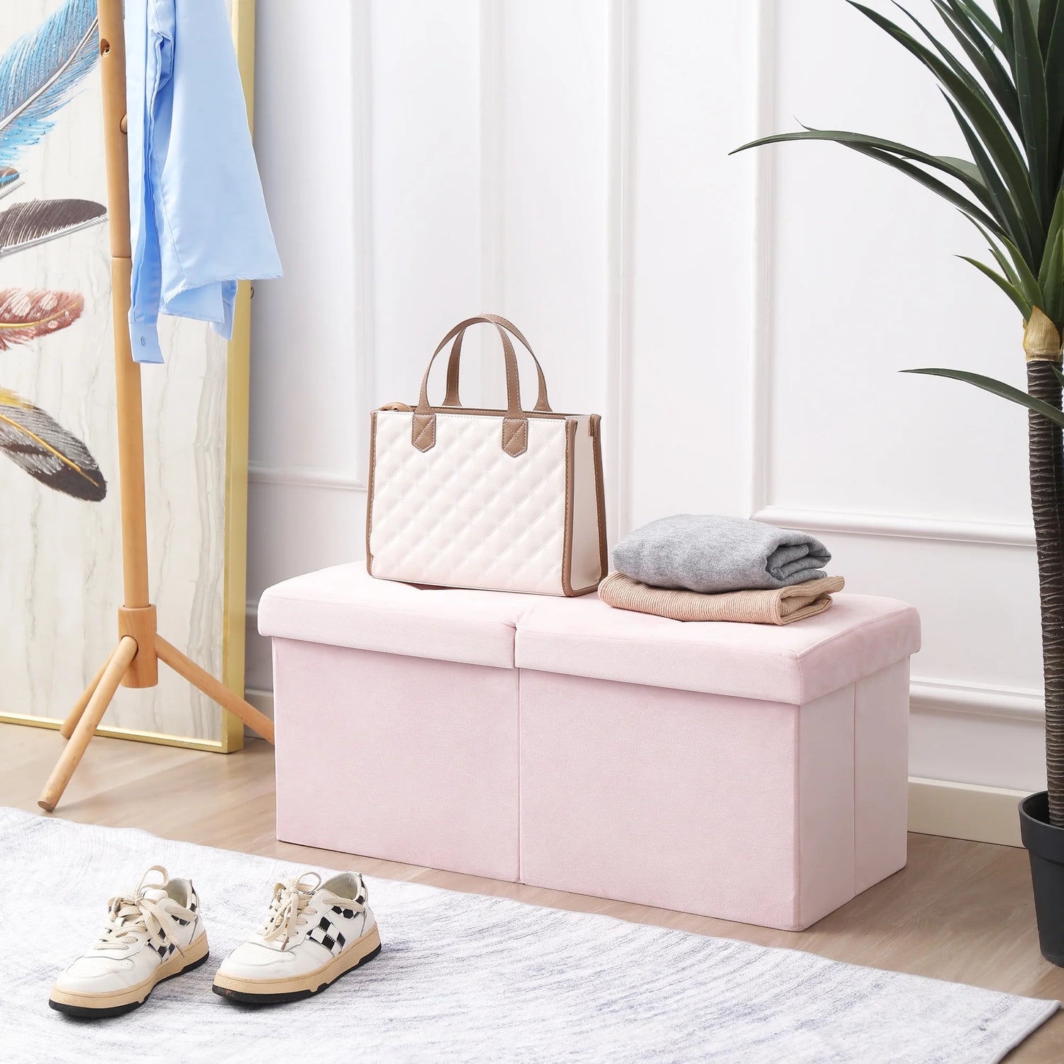 Storage Ottoman Bench Foldable Footrest End of Bed Ottoman for Living Room Bedroom, with Flipping Lid, 75L Storage Space, 30 Inches Velvet Pink