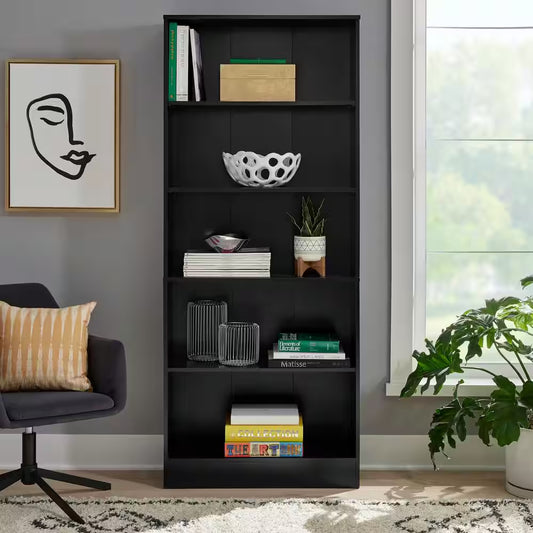 71 In. Black 5-Shelf Basic Bookcase with Adjustable Shelves