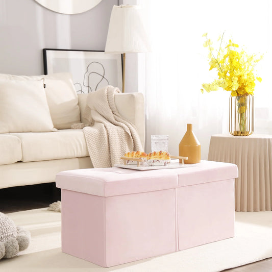 Storage Ottoman Bench Foldable Footrest End of Bed Ottoman for Living Room Bedroom, with Flipping Lid, 75L Storage Space, 30 Inches Velvet Pink