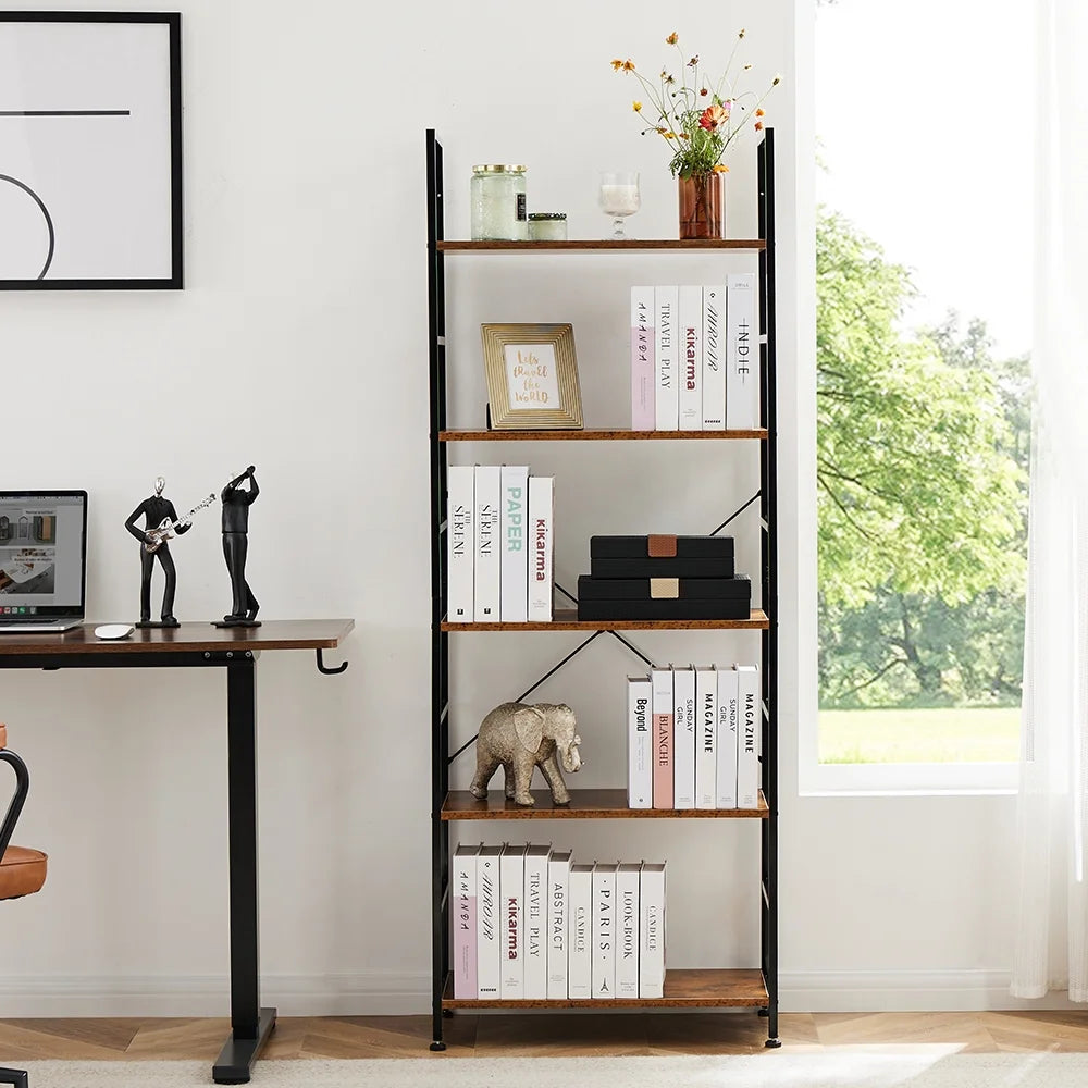 Bookcase, 5 Tier Book Shelf, Storage Shelf, Classic Modern Bookcase for Cds, Movies, Books, Industrial Bookcase for Home Office, Living Room, Kitchen, Bedroom, Rust Brown
