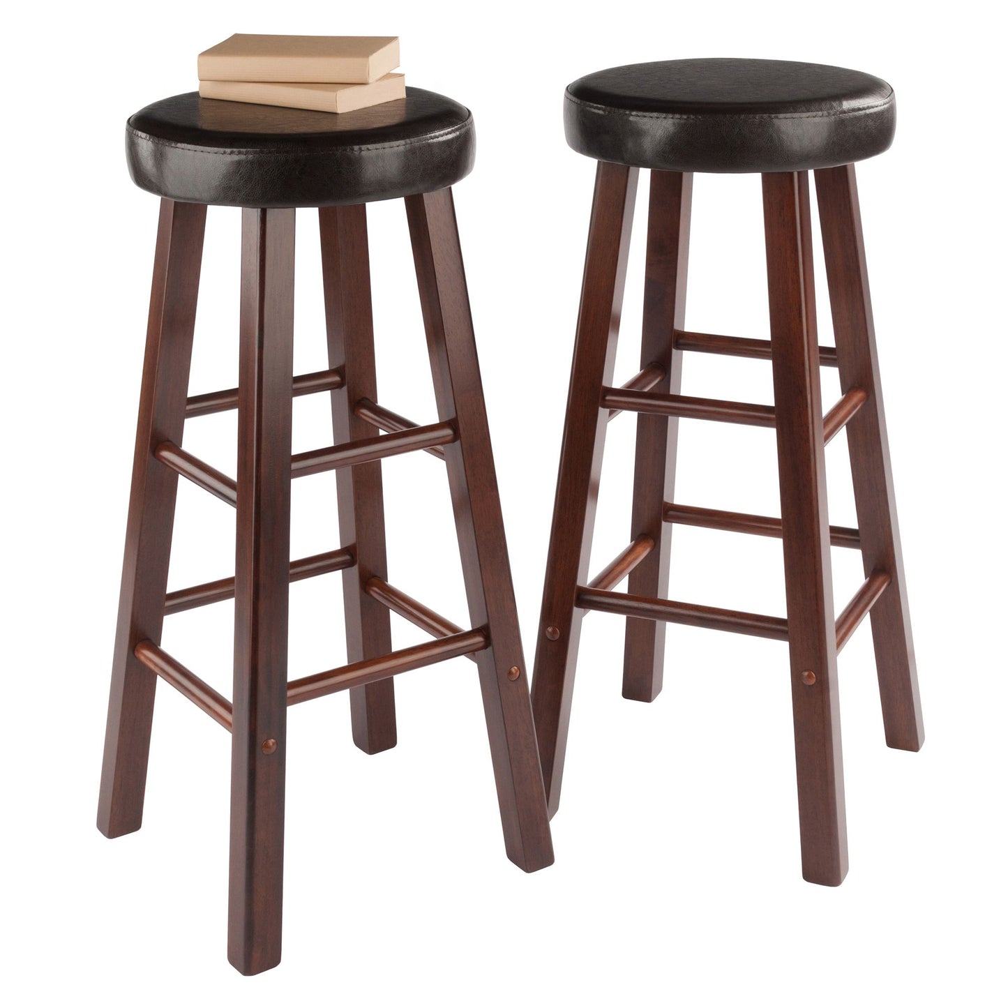 Wooden bar stool set with crossbar footrests and cushioned top