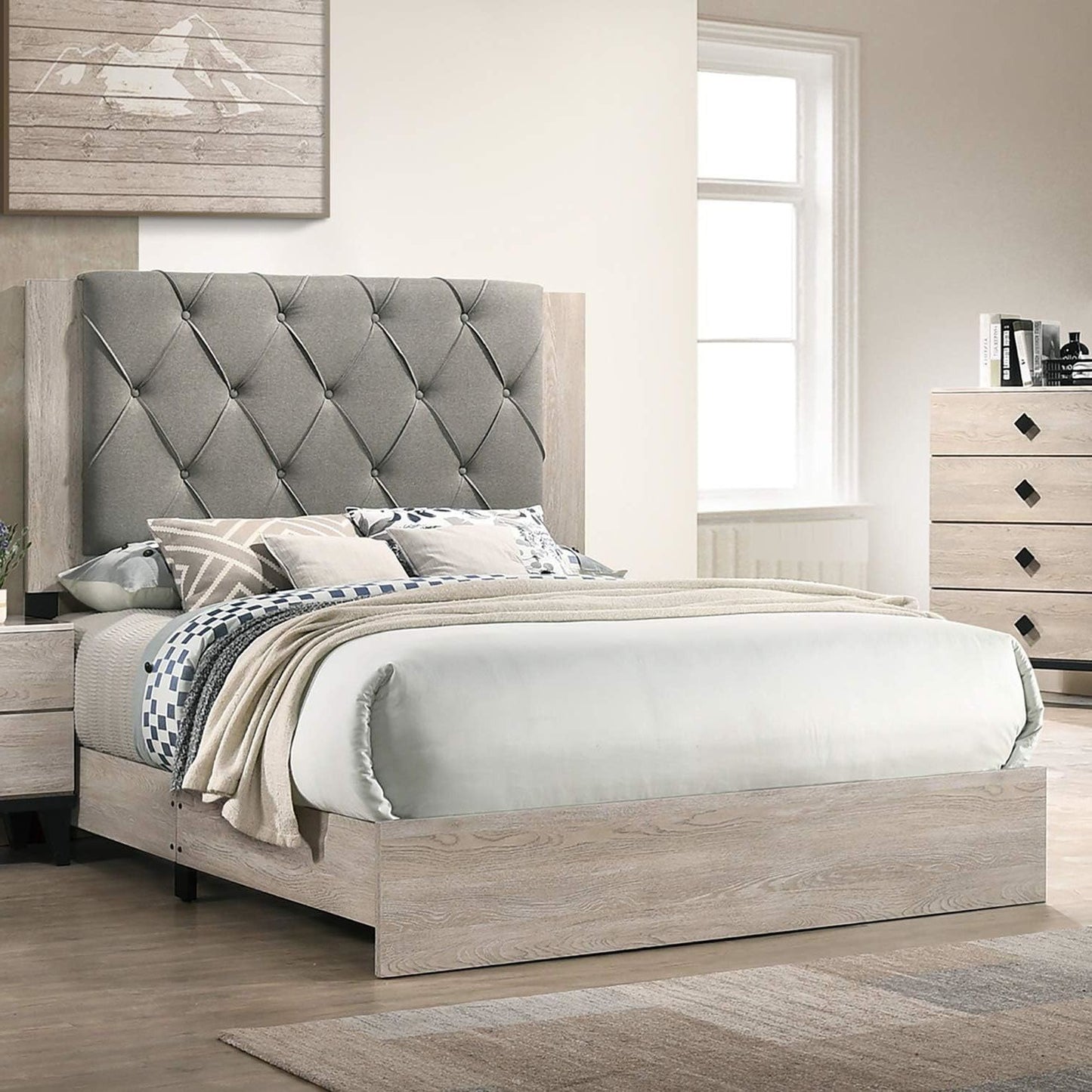 ALEXANDER Contemporary California King Bed Frame with Gray Tufted Headboard - 76'' W