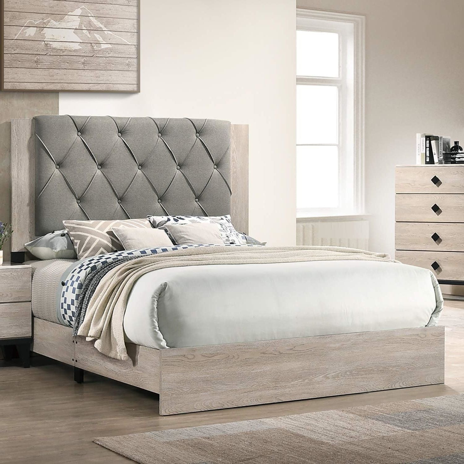 ALEXANDER Contemporary California King Bed Frame with Gray Tufted Headboard - 76'' W