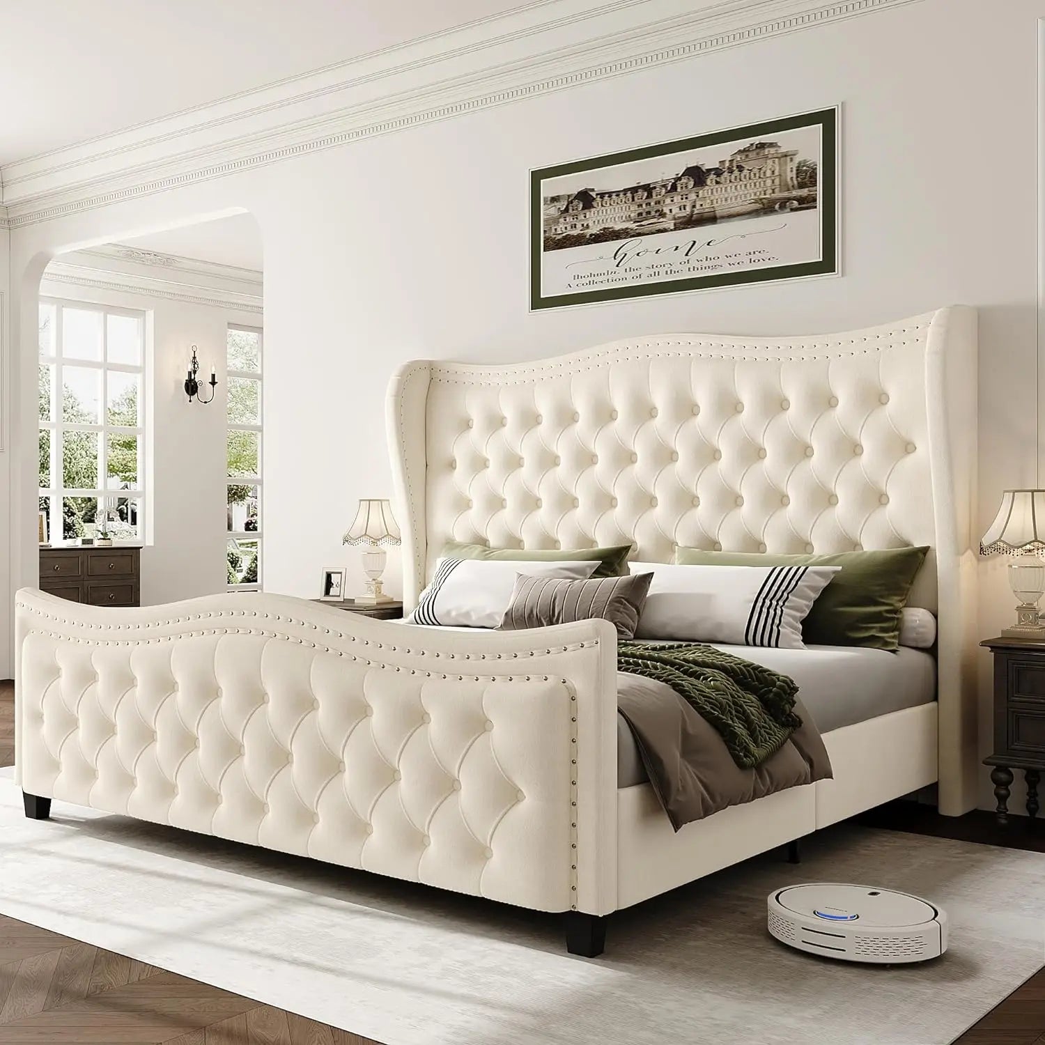 LAINEY King Size Luxury Velvet Wingback Platform Bed Frame with Button Tufted Headboard