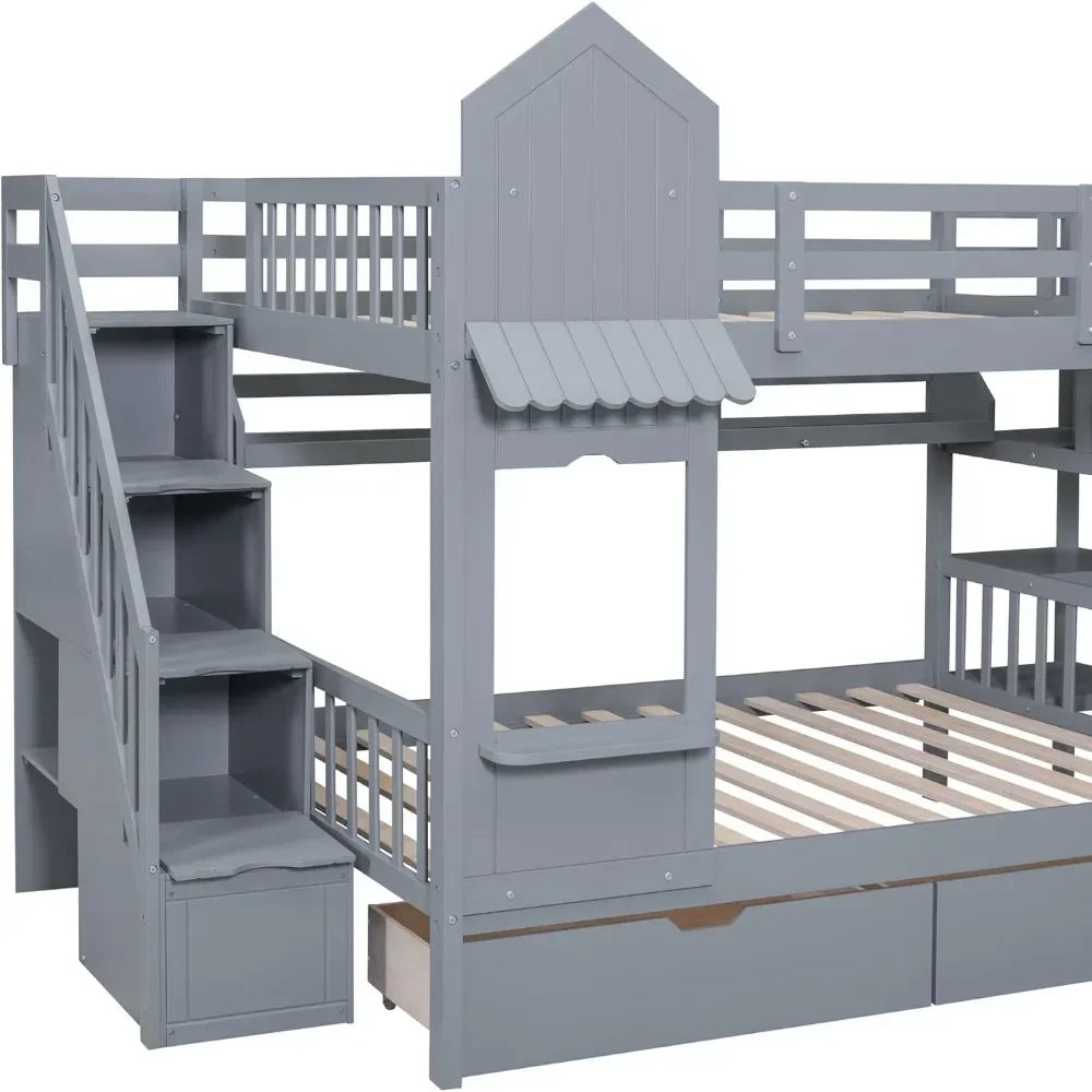 PEYTON Castle Style Wooden Twin Over Twin Bunk Bed with Stairs, Slide & Storage