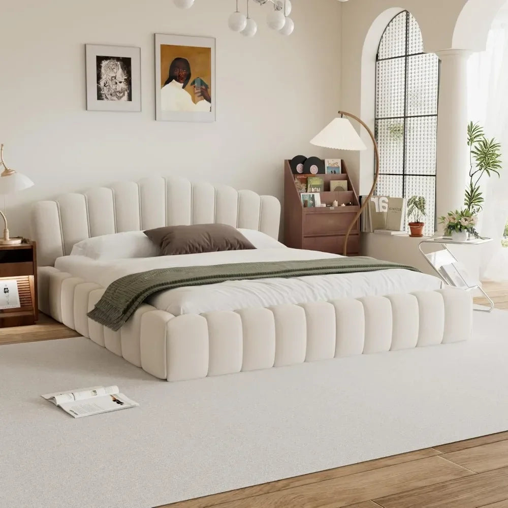 MELANIE Elegant Shell-Shaped Velvet Upholstered Queen Bed Frame - No Box Spring Needed