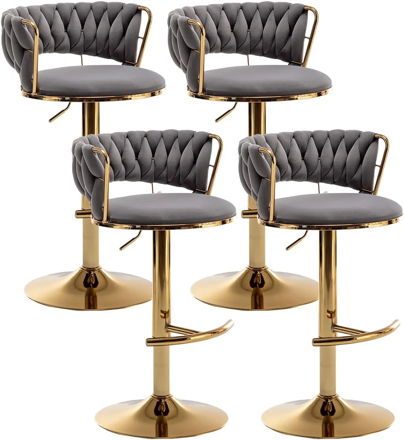 Gold Bar Stools Set of 4, Counter Height Bar Stools with Low Back, Velvet Adjustable Height Barstools, 360° Swivel Bar Stools