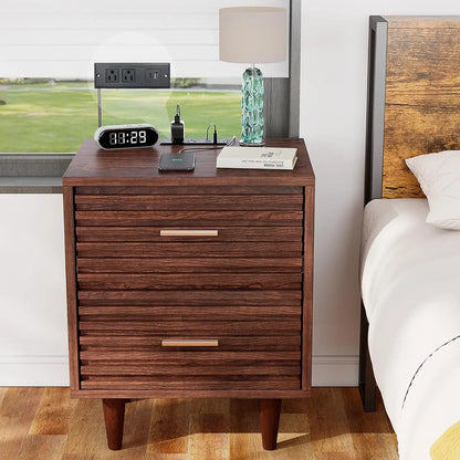 ALYSSA Modern Nightstand with Charging Station - 19" Wide Bedside Table with 2 Drawers
