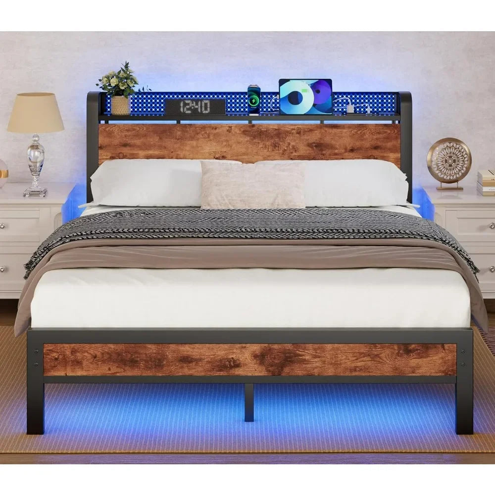 HAZEL Rustic Industrial Queen Bed Frame with LED Lights & Storage Headboard - 60” Wide